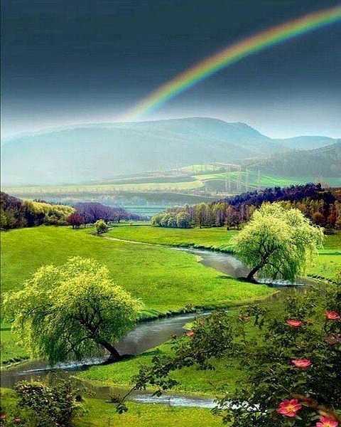 虹のある風景。 オンラインパズル