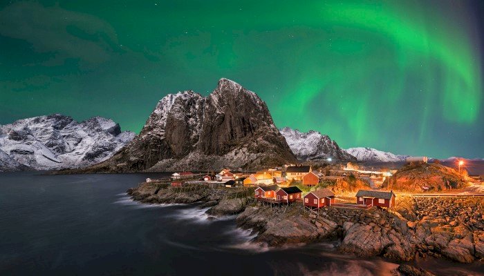 Vissersdorp, eilanden, Aurora Borealis legpuzzel online