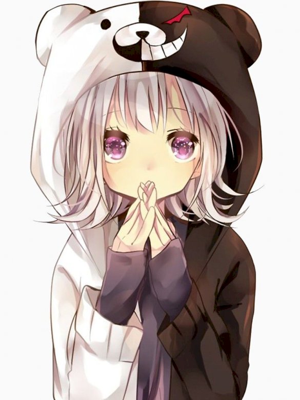  Chica anime con capucha de oso blanco / negro.