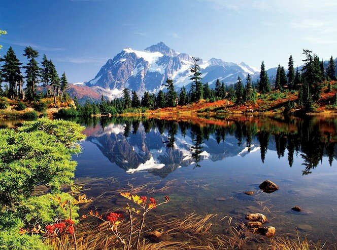 山と森を背景にした湖 ジグソーパズルオンライン