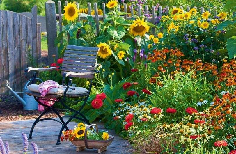 Цветы и стул в саду пазл онлайн