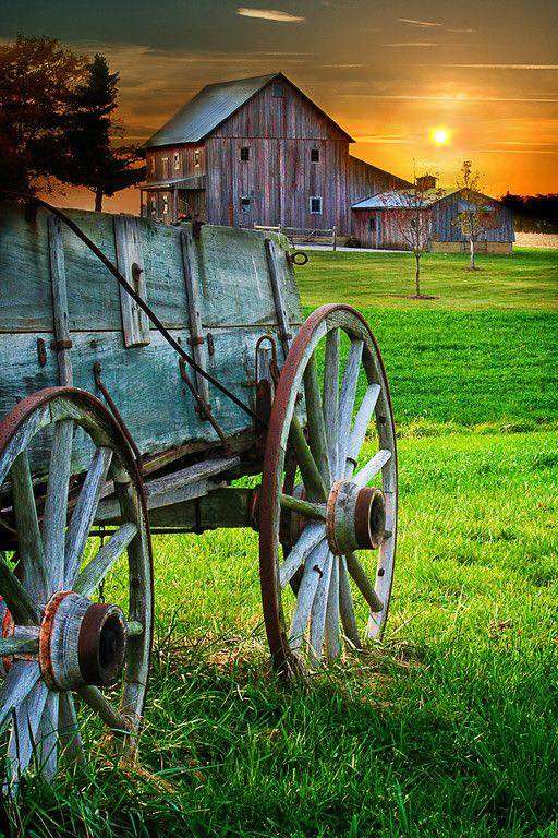 OLD BARN OLD WAGON IN FIELD jigsaw puzzle online