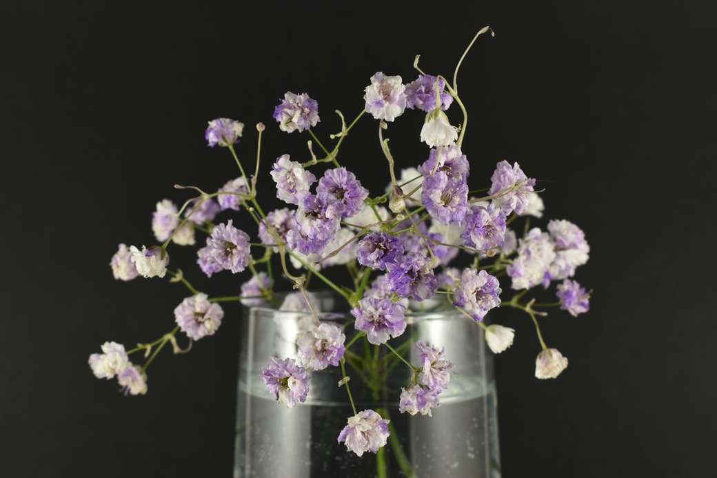 лилави и бели цветя в прозрачен стъклен буркан онлайн пъзел