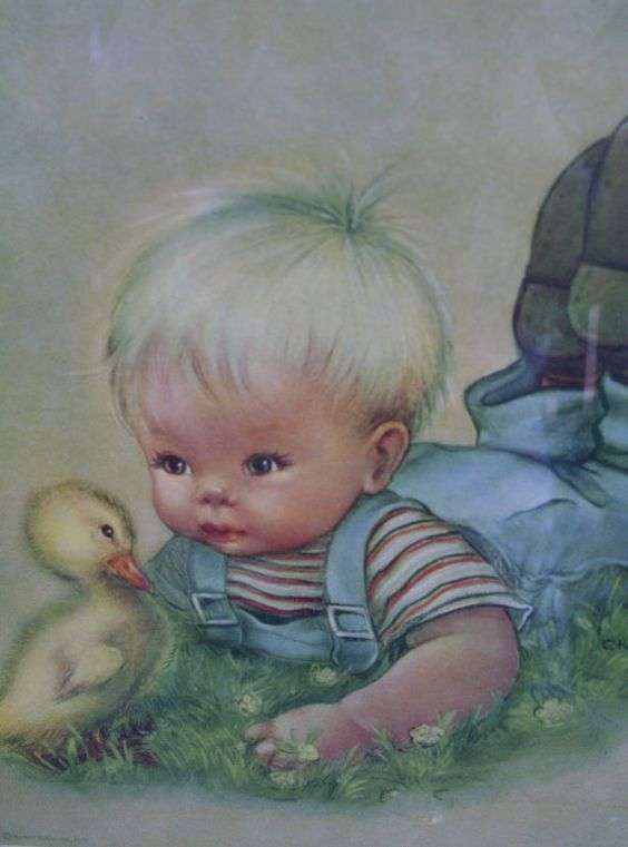 Мальчик и утка в винтажной траве онлайн-пазл