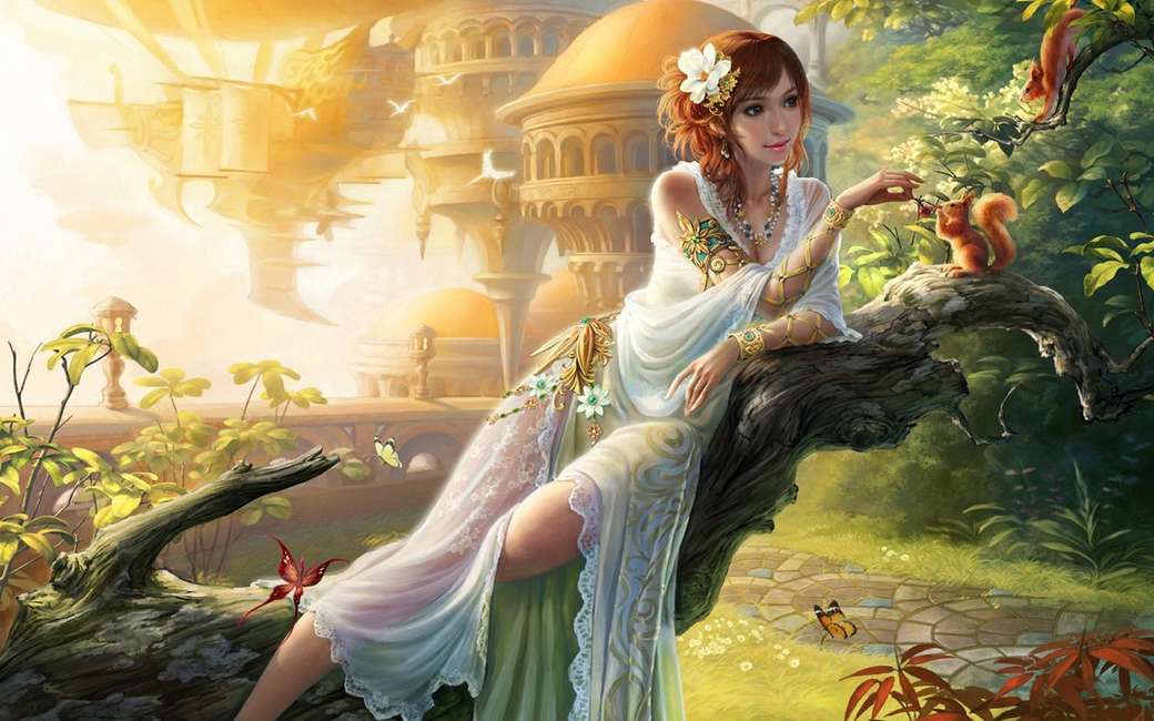 Art-fantasy-girl-krmení-veverka-zahrada-motýl online puzzle