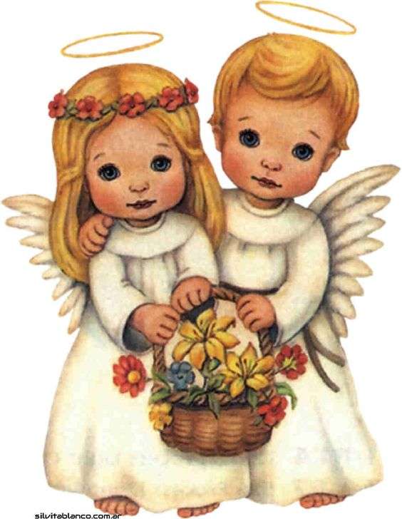 Μικροί άγγελοι με ένα καλάθι με λουλούδια online παζλ