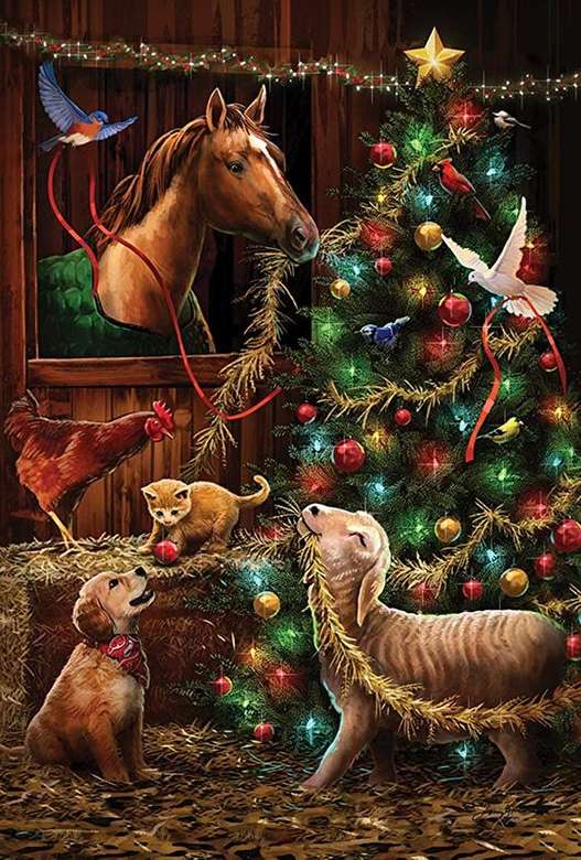 Animals putting together the Christmas tree online puzzle
