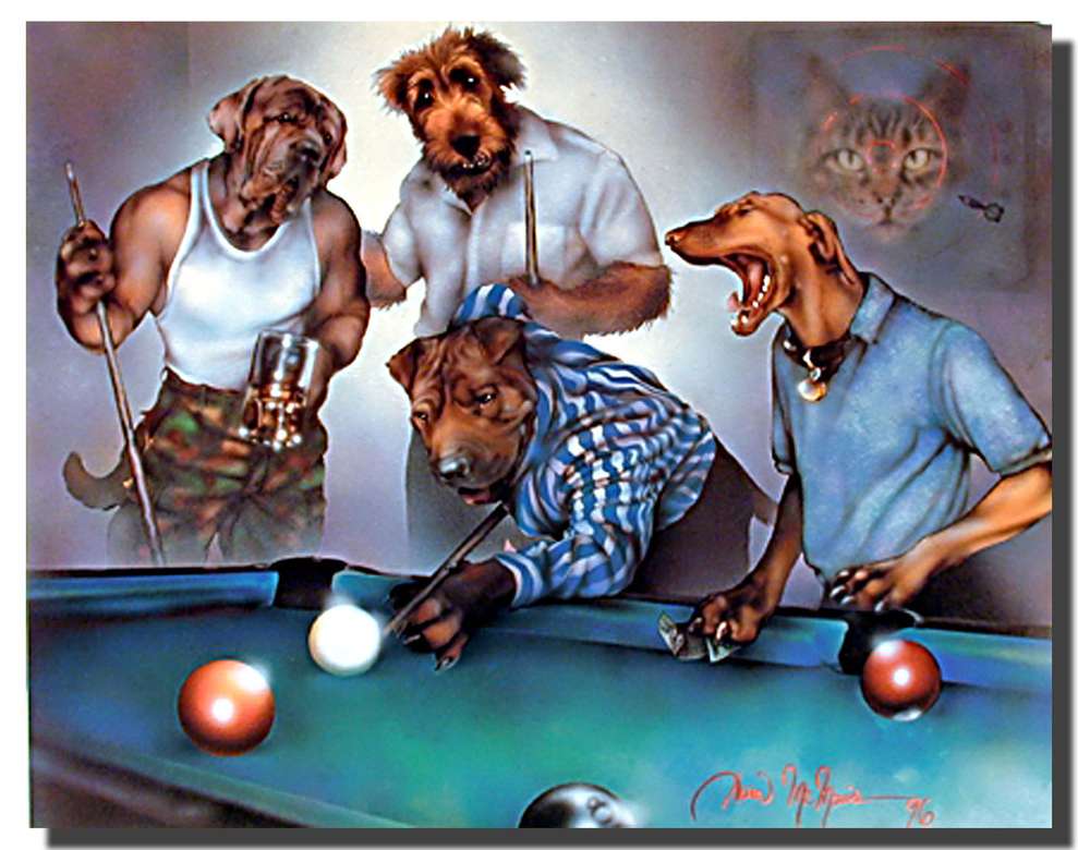 Dogs_Playing_Pool - Bilhar skládačky online
