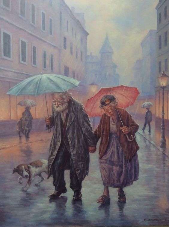 Starý pár v dešti online puzzle