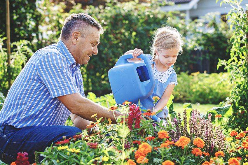Маленькая девочка поливает цветы онлайн-пазл