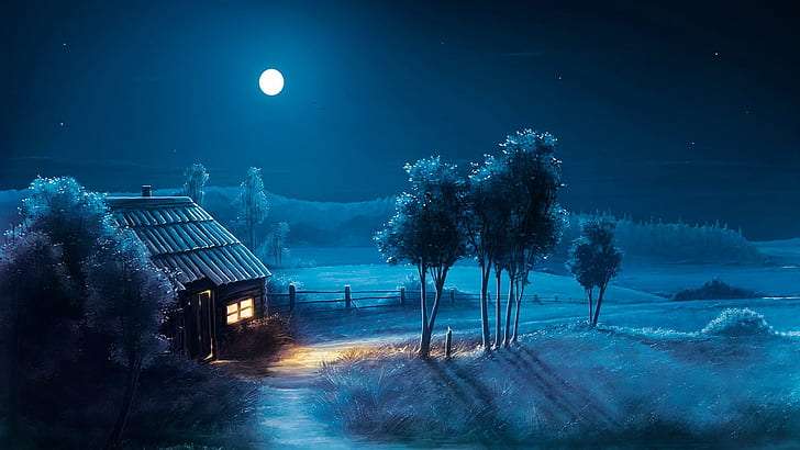 Blauw, huis, volle maan legpuzzel online