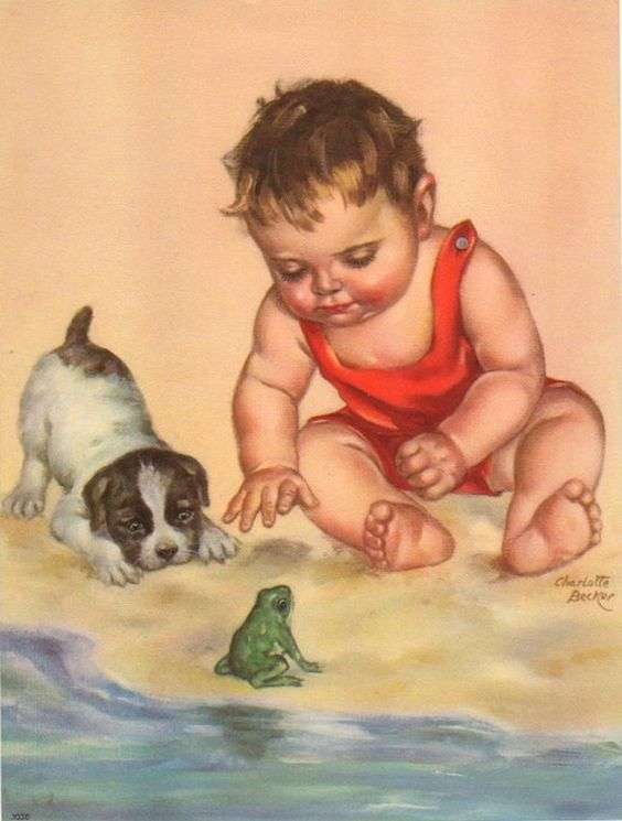 赤ちゃん、犬、カエル ジグソーパズルオンライン