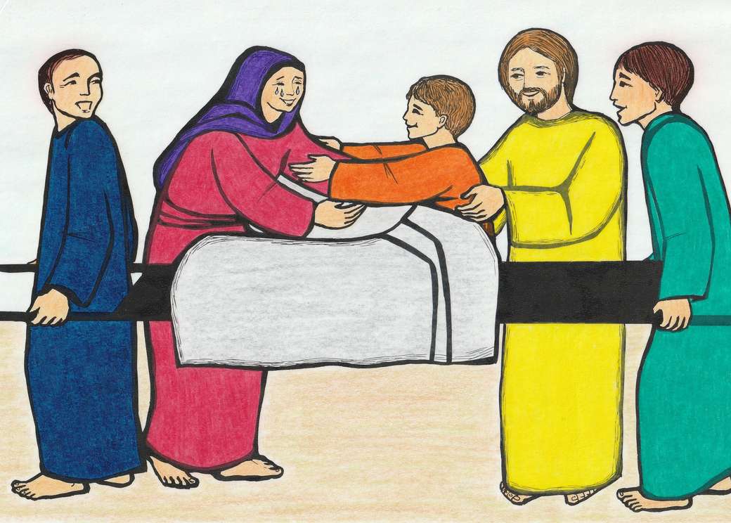 Pentru copii: Isus îl ridică pe băiat la Nain puzzle online