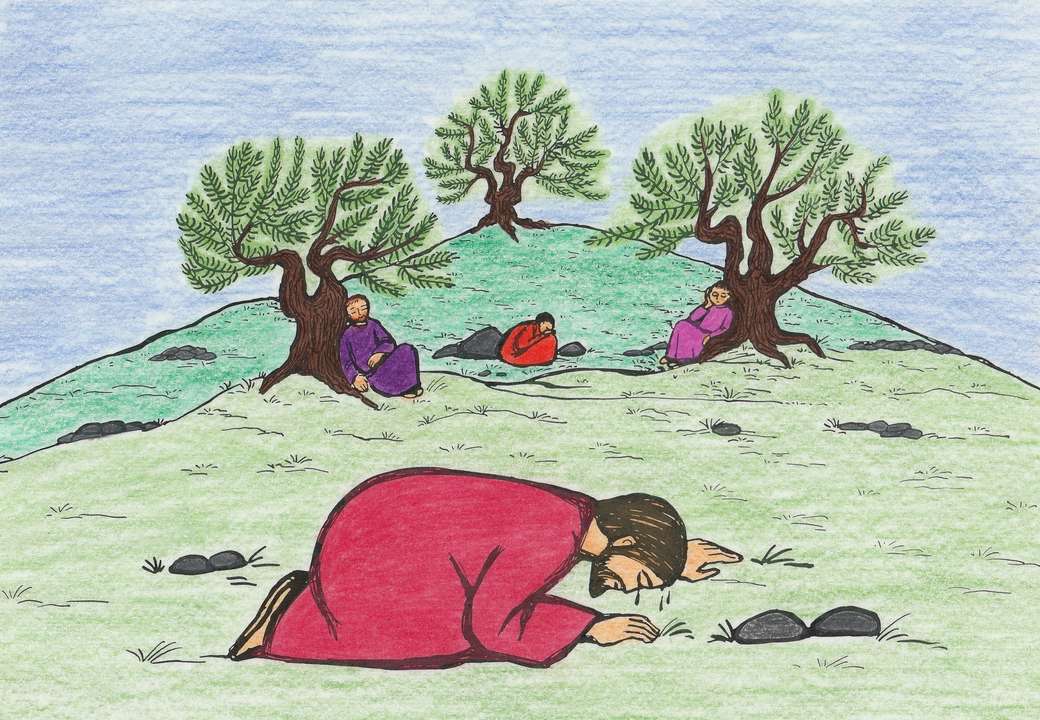 Pro děti: Ježíš se třemi žáky na Olivové hoře skládačky online
