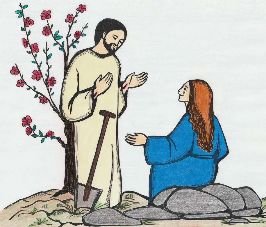 子供のために：庭のマグダラのマリアとイエス オンラインパズル