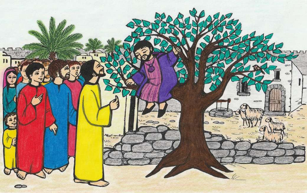 För barn: Zacchaeus klättrar i ett träd pussel på nätet