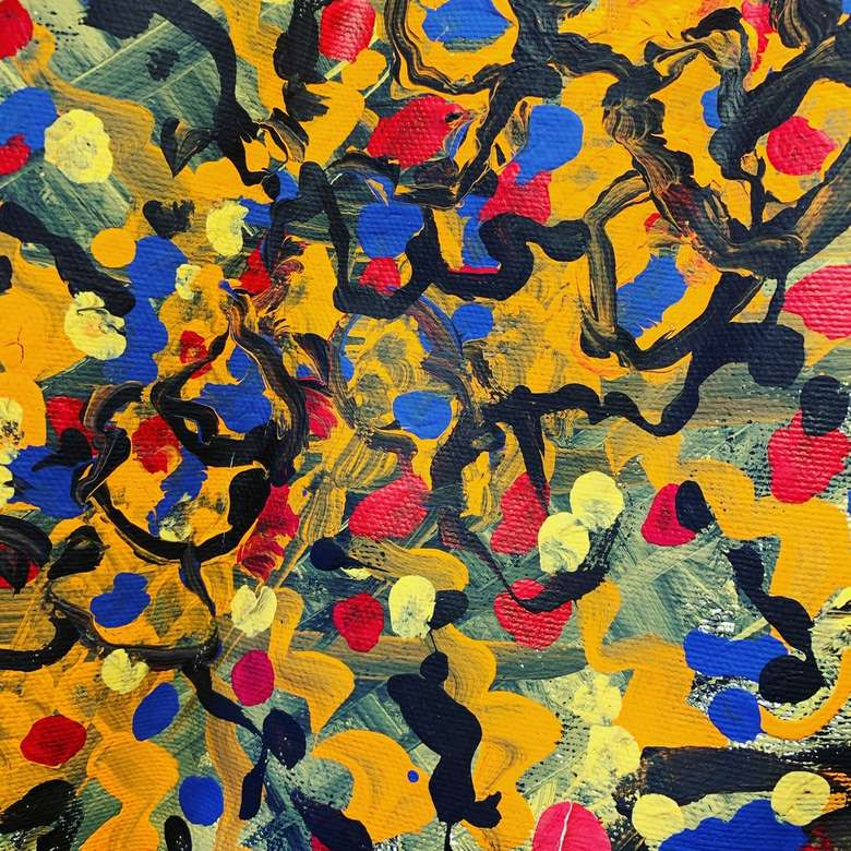 geel blauw en rood abstract schilderij legpuzzel online