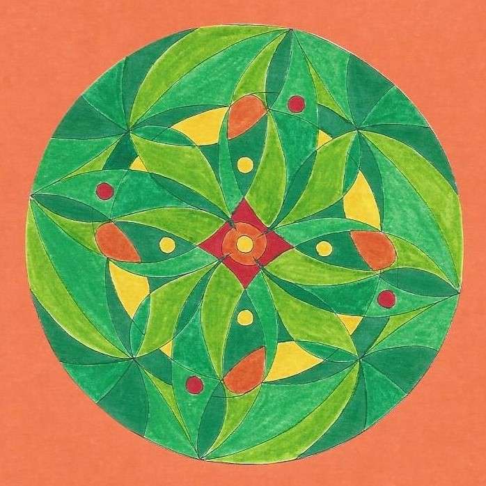 Mandala zelená žlutá oranžová online puzzle