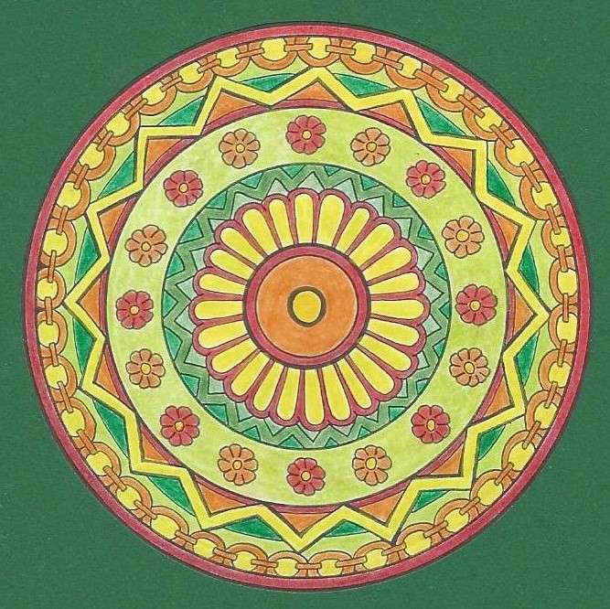 Mandala rosette yellow orange red green jigsaw puzzle online