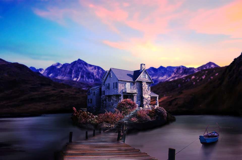 idylliskt hus vid sjön pussel på nätet