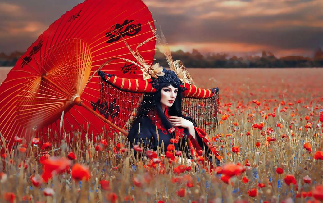 femme parapluie à cornes rouges coquelicots puzzle en ligne