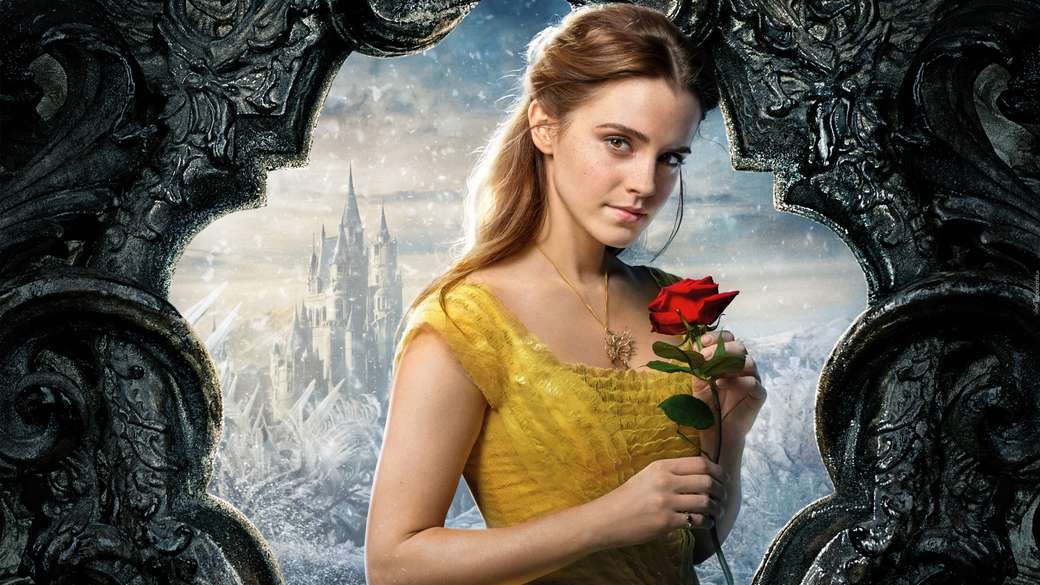 Emma Watson met een roos als Bella van Beauty and Bes online puzzel