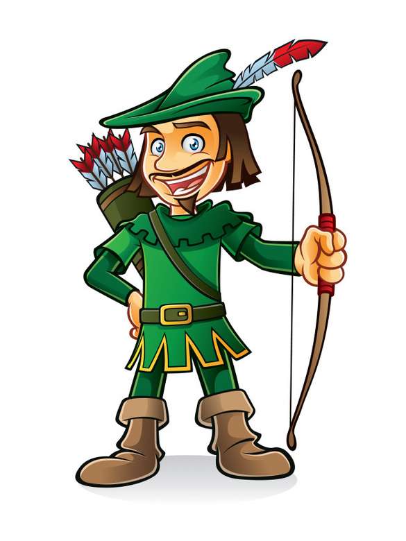 Robin Hood se puso de pie sonriendo y sosteniendo un arco rompecabezas en línea