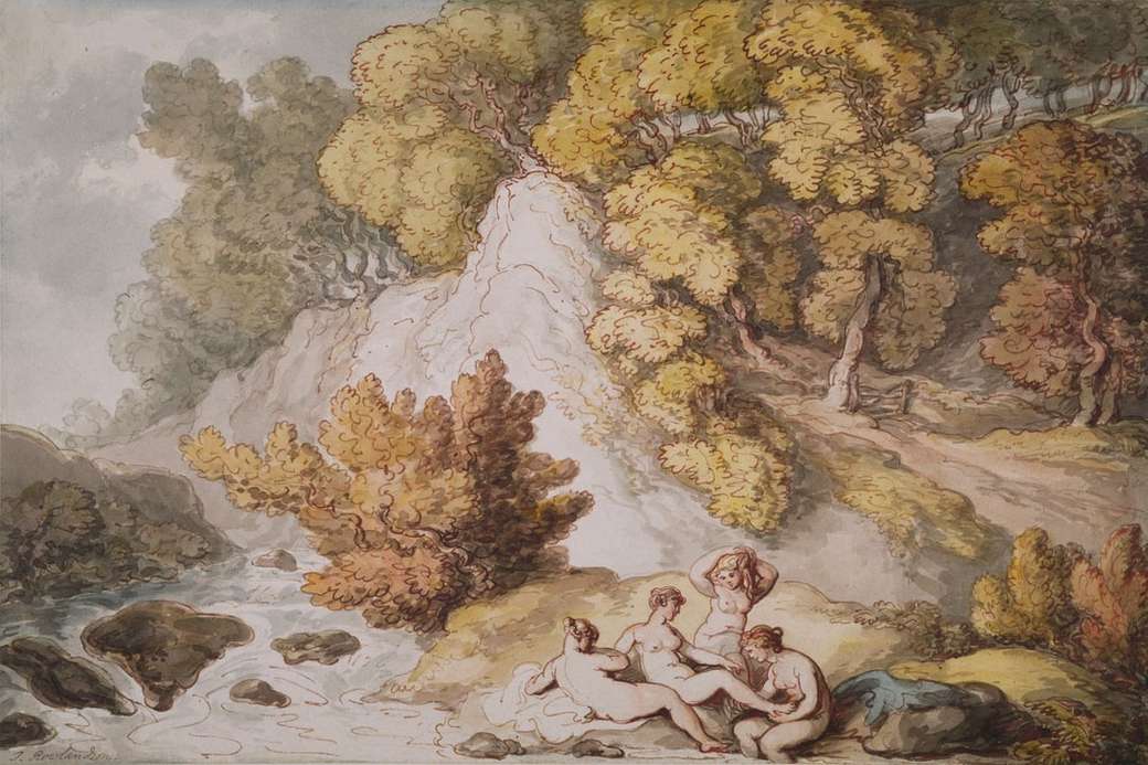 femei nude lângă pictura râului puzzle online