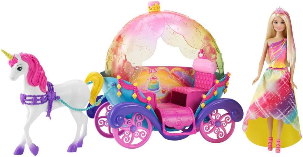Mattel Barbie baba kocsival és egyszarvúval online puzzle