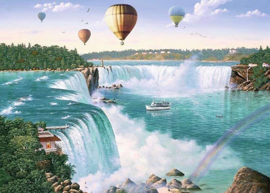Heißluftballonflug über den Wasserfall Online-Puzzle