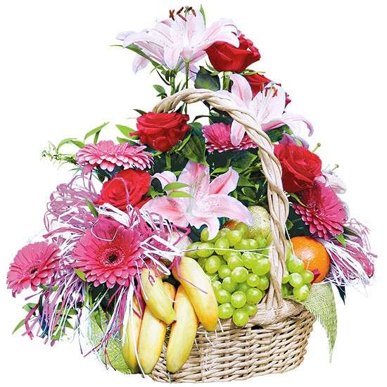 Σύνθεση λουλουδιών και φρούτων σε ένα καλάθι παζλ online