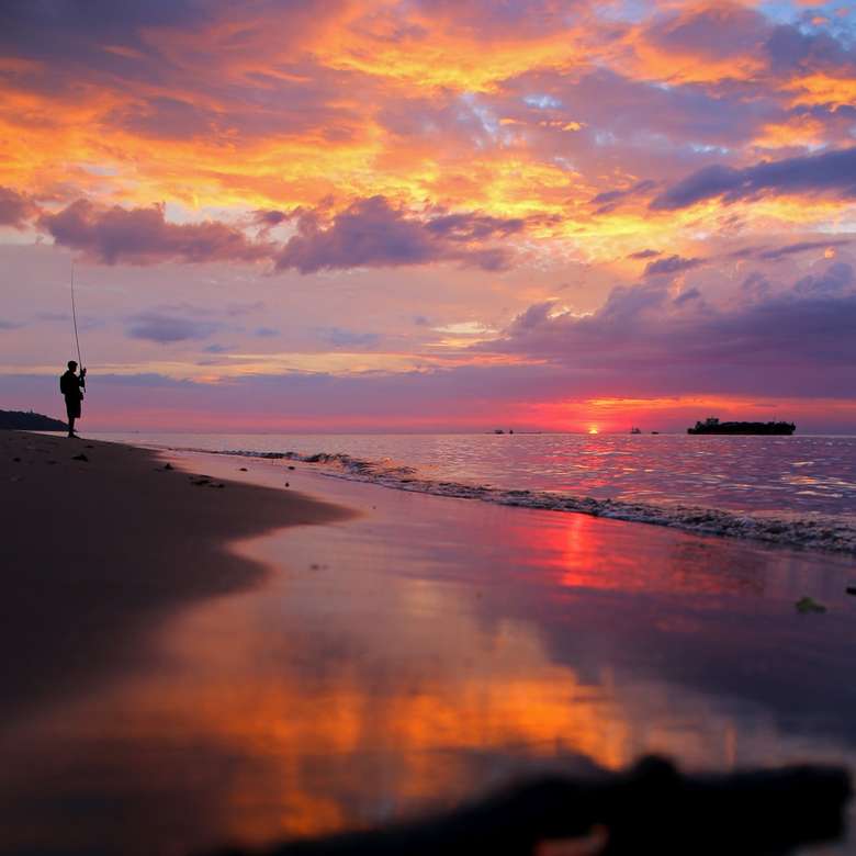 човек, стоящ на морски бряг през златен час онлайн пъзел