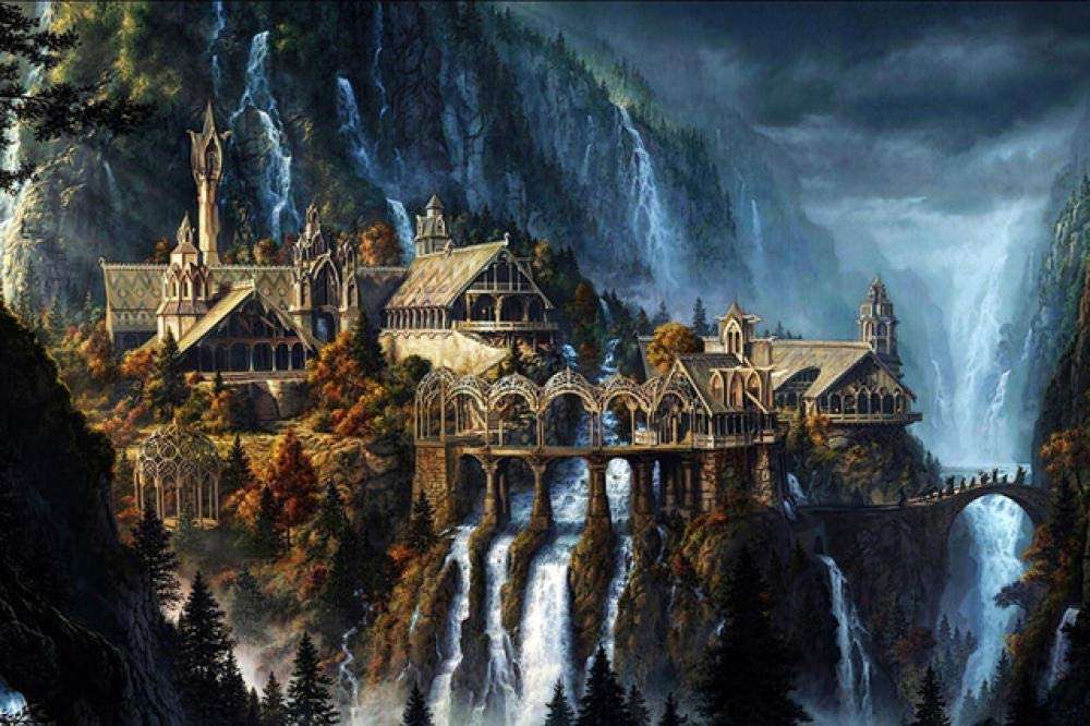 Slott med ett vattenfall Pussel online