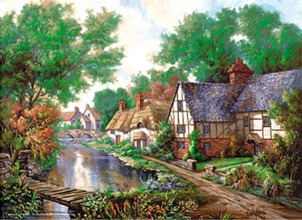 Case cu jumătate de lemn lângă râu puzzle online