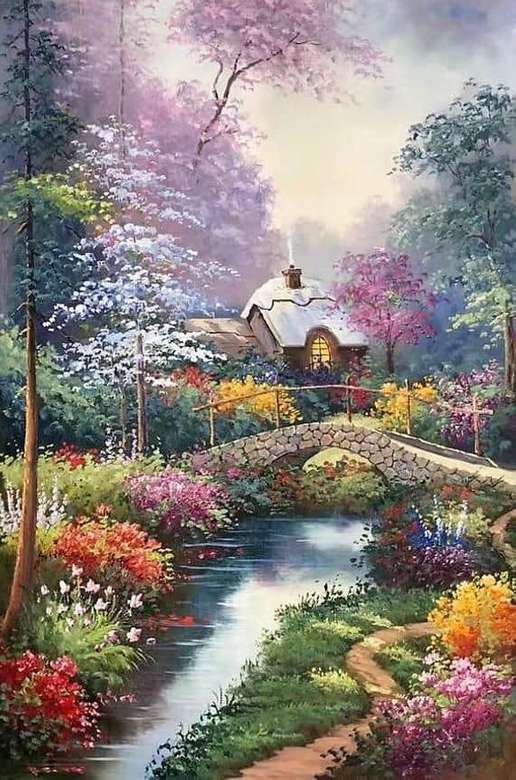 Een klein huisje omgeven door kleurrijke bloemen online puzzel