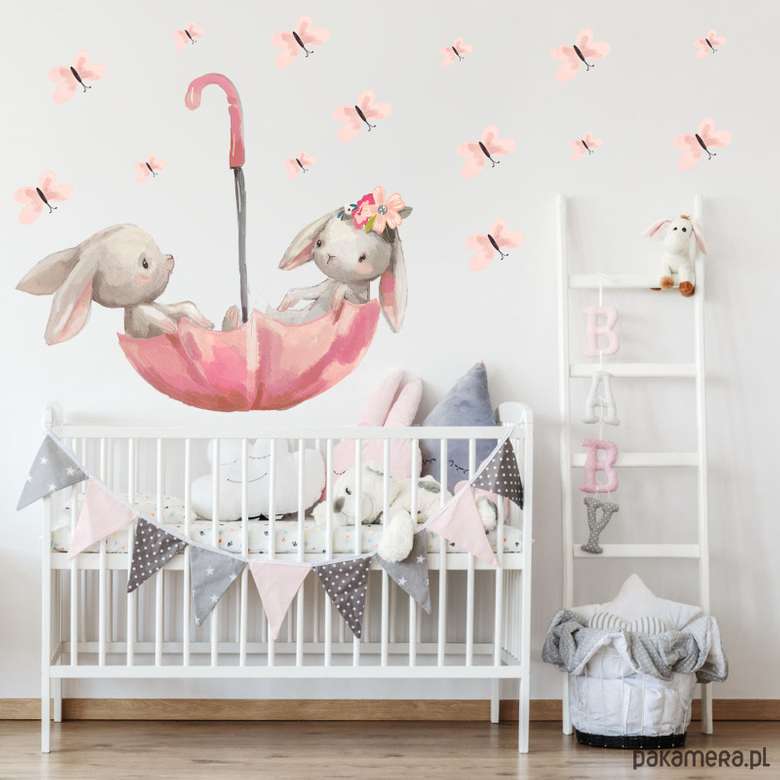 children's room - wallpaper with bunnies in an umbrella online puzzle