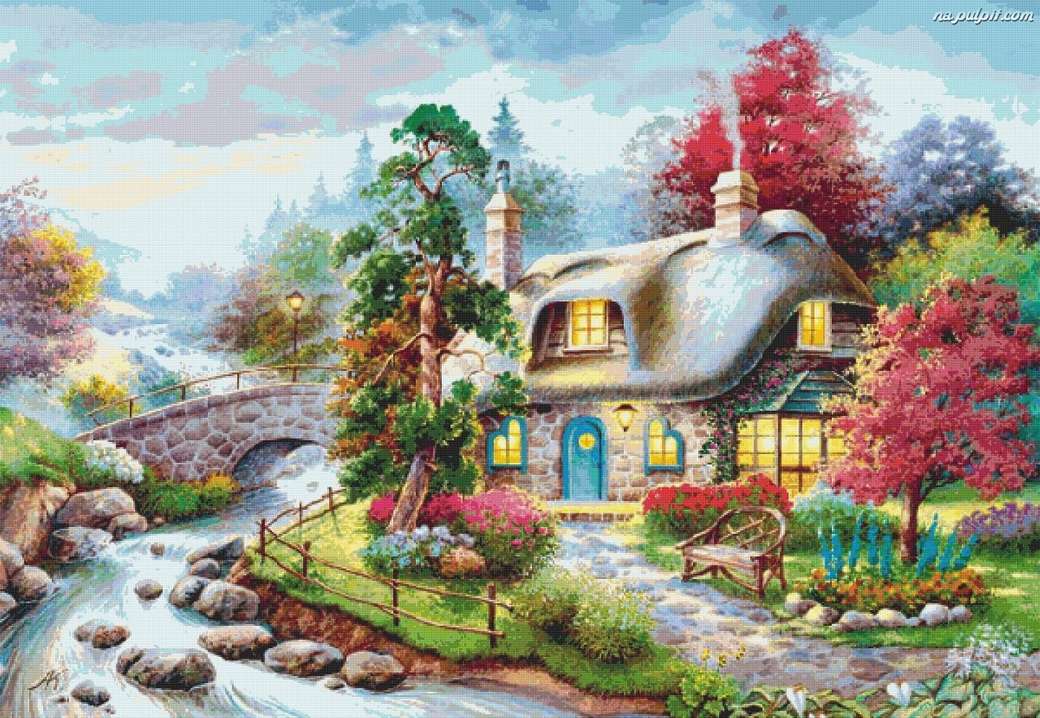kleurrijk landschap - huis, rivier met een brug legpuzzel online