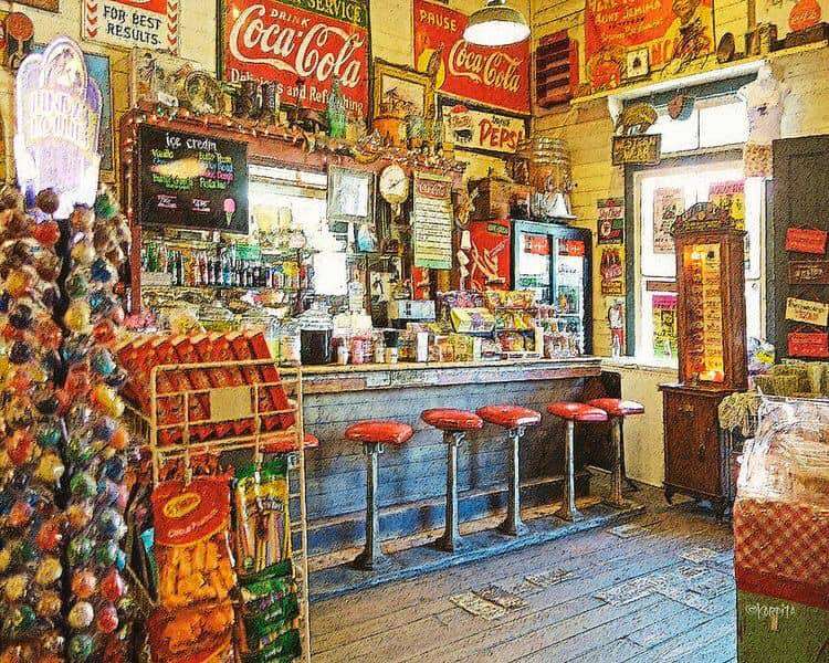un magazin de băuturi și o fântână în Gruene, Texas jigsaw puzzle online