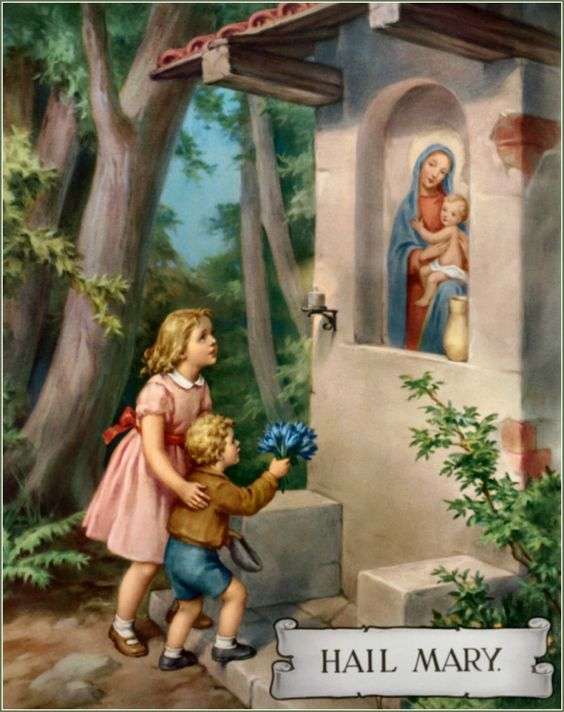 barn besöker Jungfru Maria pussel på nätet