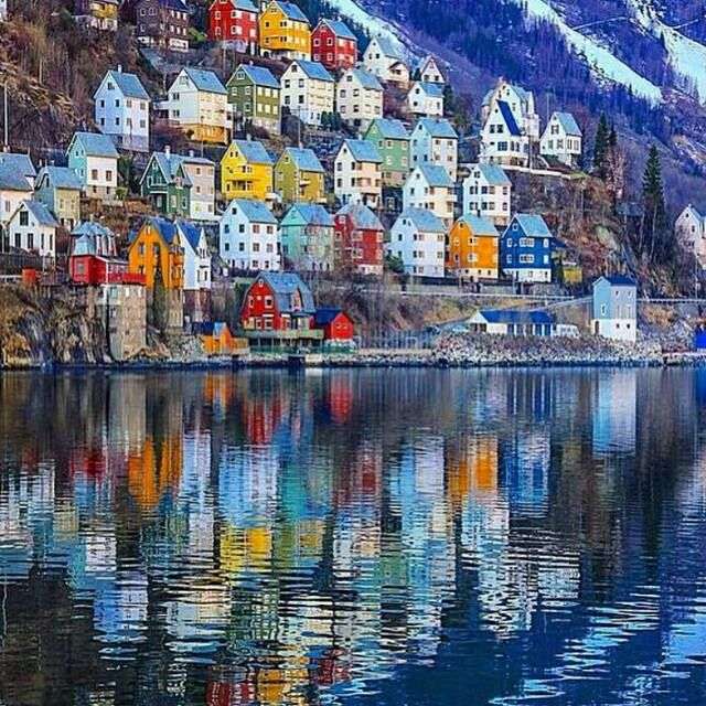 Odda town on mountainside and lake Norway jigsaw puzzle online