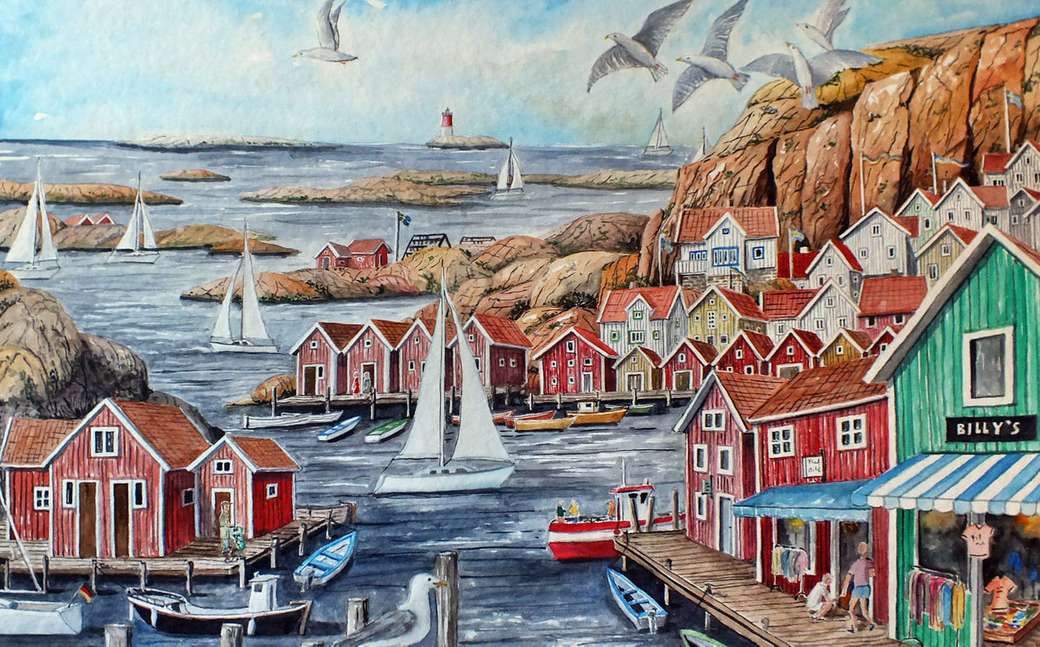 Skaergard Harbor Zweden schilderij legpuzzel online