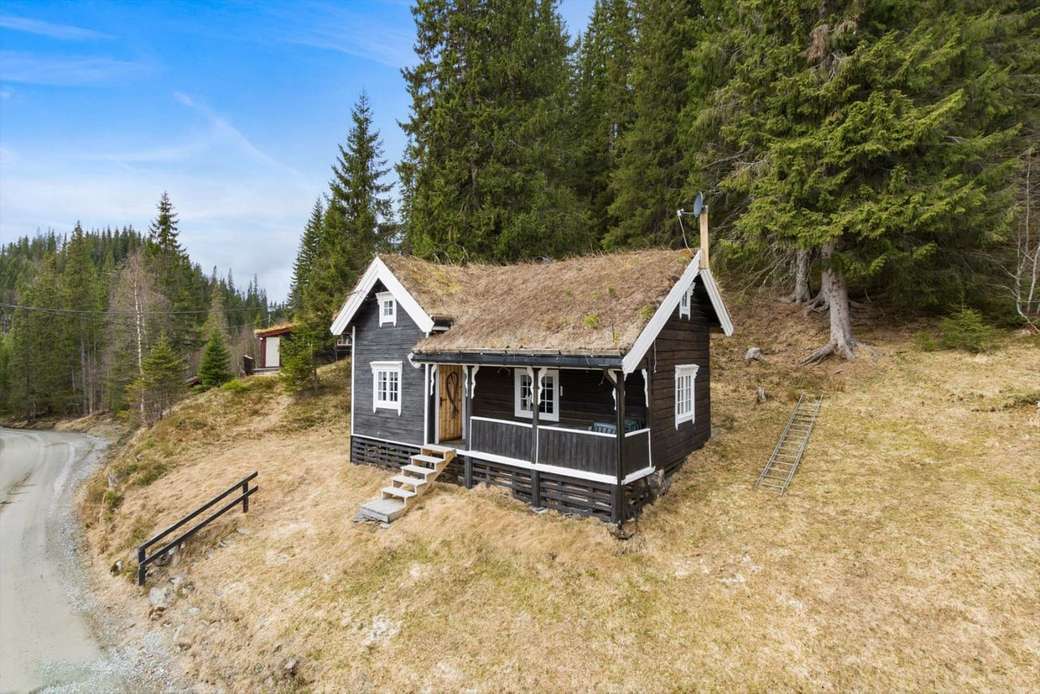 noorwegen - een klein houten huis bedekt met mos legpuzzel online