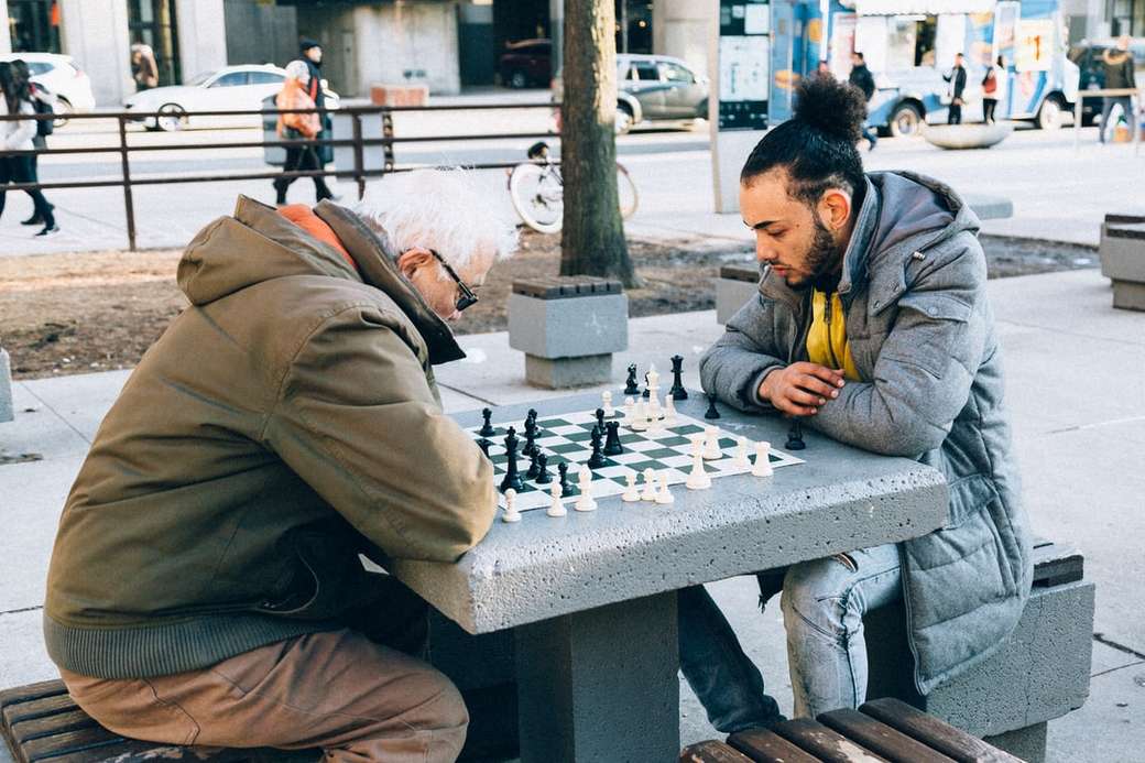 mensen spelen schaakbordspel buiten online puzzel