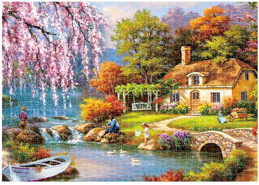 bellissimo paesaggio con casa in riva al lago puzzle online