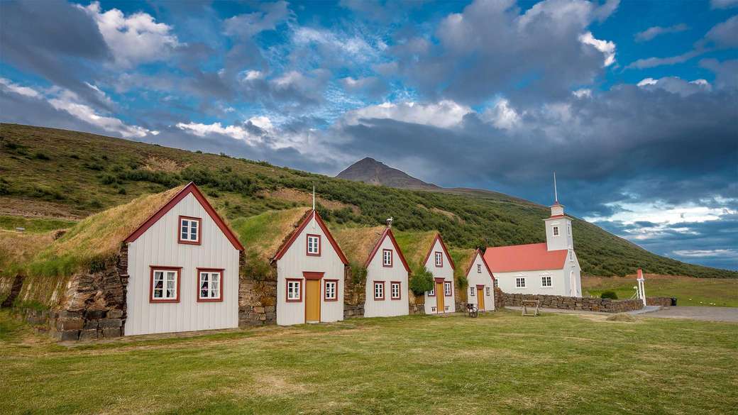 Casas com telhados gramados na Islândia quebra-cabeças online