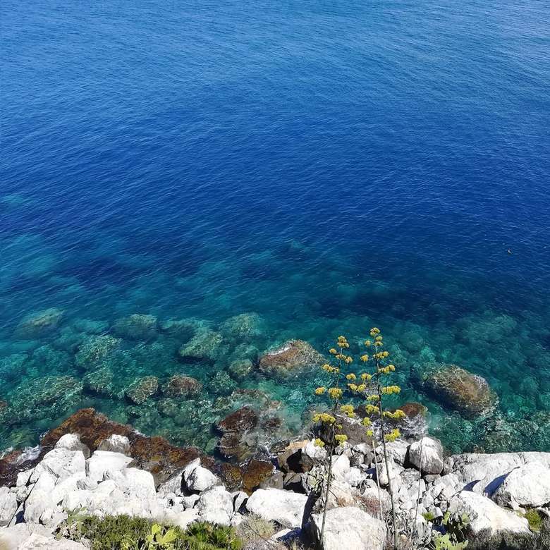vita stenar bredvid det blå havet under dagtid Pussel online