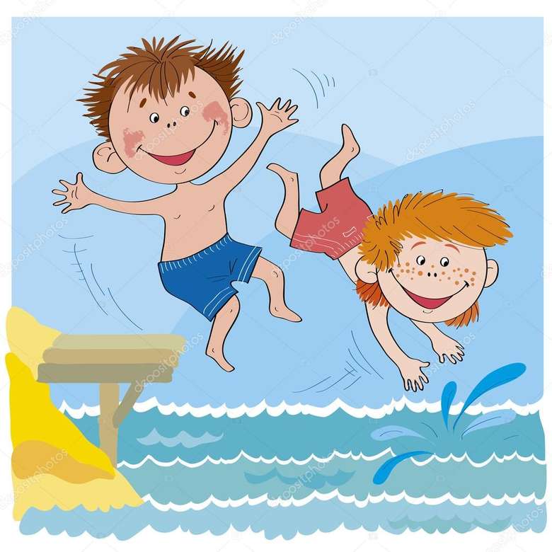 дети купаются в озере пазл онлайн