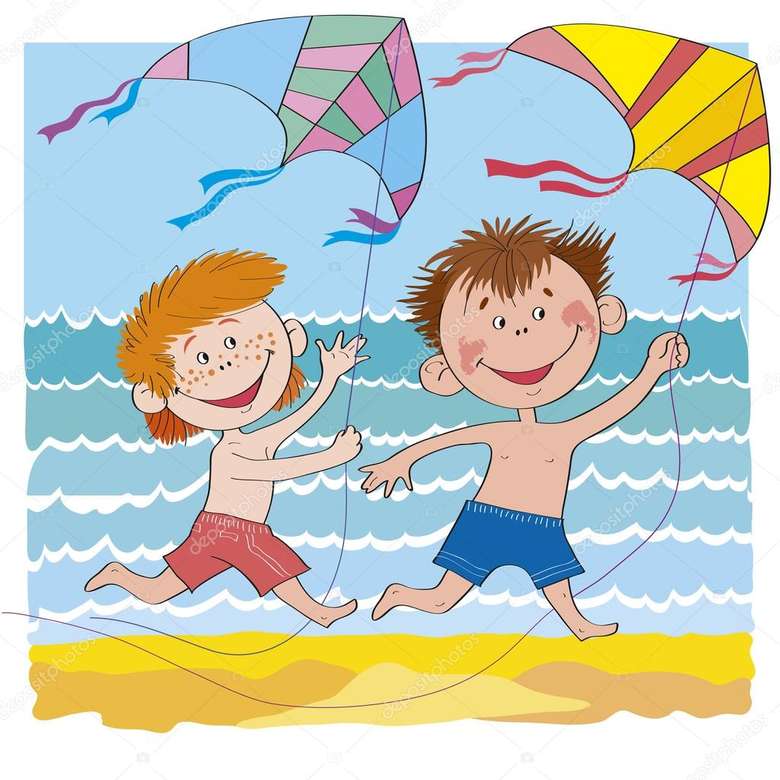 момчета с хвърчила на плажа онлайн пъзел
