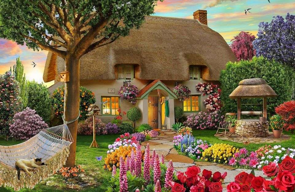 Una casa de campo con un jardín lleno de flores. rompecabezas en línea