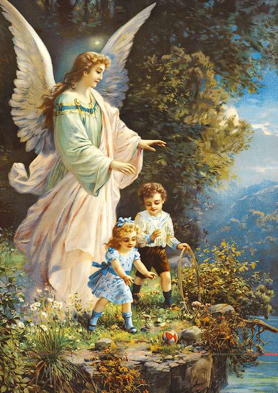 Imagini înger păzitoare cu copii care se joacă lângă pârâu puzzle online